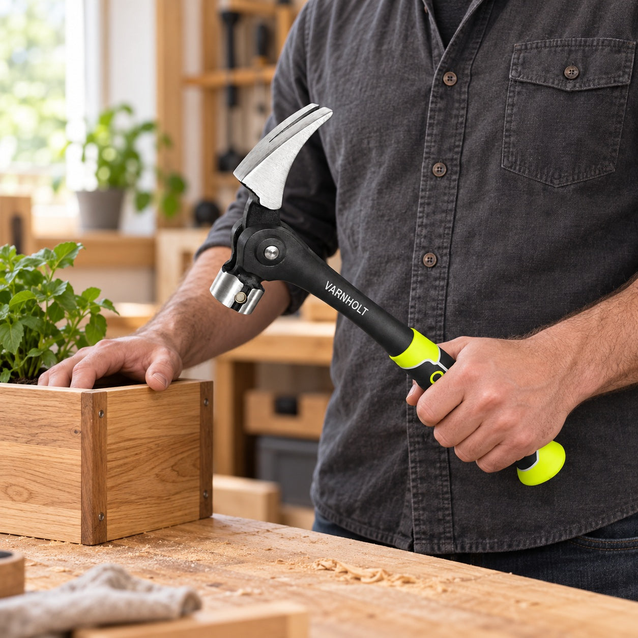 A DIY maker holding the Varnholt hammer beside a completed wooden planter