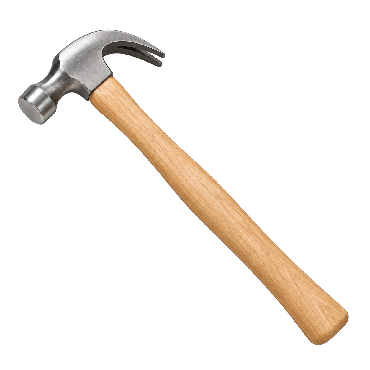 Traditional fixed-claw hammer with a plain wooden handle